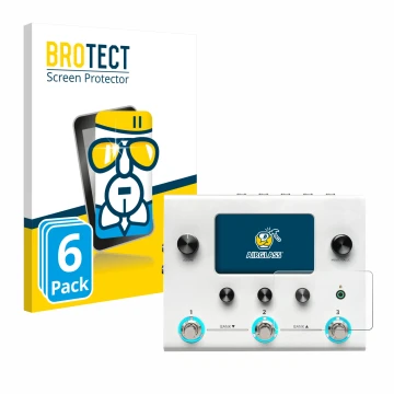 Parte frontal de un envase de producto con el logotipo de la marca BROTECT. Al lado se muestra el dispositivo Hotone Ampero II