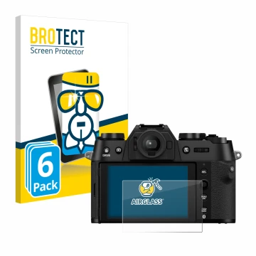 Parte frontal de un envase de producto con el logotipo de la marca BROTECT. Al lado se muestra el dispositivo Fujifilm X-T50 c