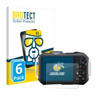 Parte frontal de un envase de producto con el logotipo de la marca BROTECT. Al lado se muestra el dispositivo Ricoh Pentax WG-