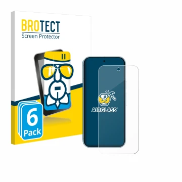 Parte frontal de un envase de producto con el logotipo de la marca BROTECT. Al lado se muestra el dispositivo Google Pixel 9 c