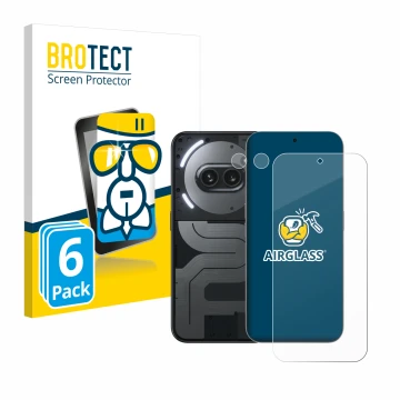 Parte frontal de un envase de producto con el logotipo de la marca BROTECT. Al lado se muestra el dispositivo Nothing Phone (2