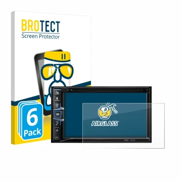 Parte frontal de un envase de producto con el logotipo de la marca BROTECT. Al lado se muestra el dispositivo Alpine INE-W611D