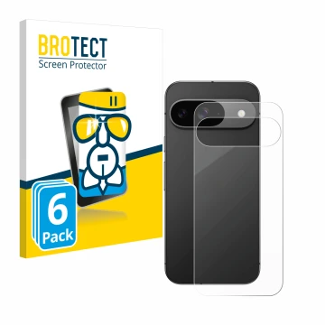 Parte frontal de un envase de producto con el logotipo de la marca BROTECT. Al lado se muestra el dispositivo Google Pixel 9 (