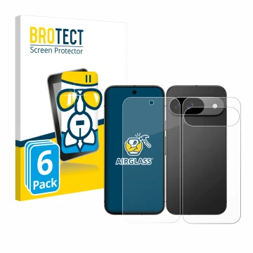 Parte frontal de un envase de producto con el logotipo de la marca BROTECT. Al lado se muestra el dispositivo Google Pixel 9 (
