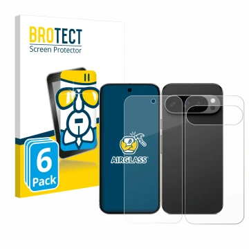 Parte frontal de un envase de producto con el logotipo de la marca BROTECT. Al lado se muestra el dispositivo Google Pixel 9 P