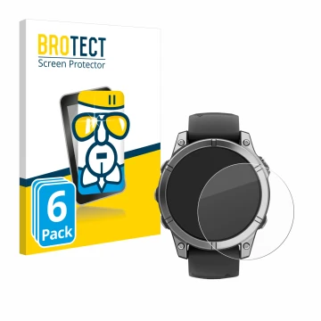 Parte frontal de un envase de producto con el logotipo de la marca BROTECT. Al lado se muestra el dispositivo Garmin Fenix E c