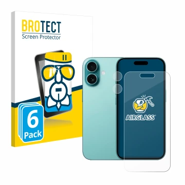 Parte frontal de un envase de producto con el logotipo de la marca BROTECT. Al lado se muestra el dispositivo Apple iPhone 16 