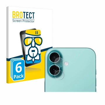 Parte frontal de un envase de producto con el logotipo de la marca BROTECT. Al lado se muestra el dispositivo Apple iPhone 16 