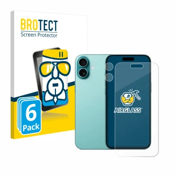 Parte frontal de un envase de producto con el logotipo de la marca BROTECT. Al lado se muestra el dispositivo Apple iPhone 16 