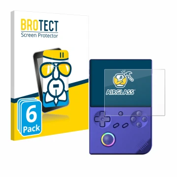 Parte frontal de un envase de producto con el logotipo de la marca BROTECT. Al lado se muestra el dispositivo Anbernic RG40XXV