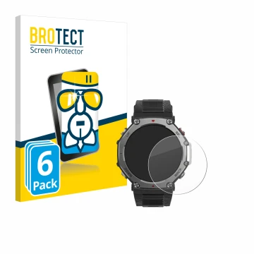 Parte frontal de un envase de producto con el logotipo de la marca BROTECT. Al lado se muestra el dispositivo Huami Amazfit T-