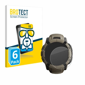 Parte frontal de un envase de producto con el logotipo de la marca BROTECT. Al lado se muestra el dispositivo Garmin Instinct 