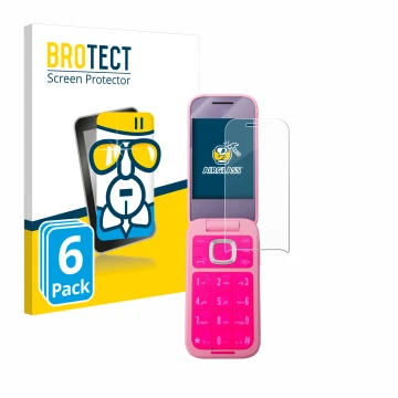 Parte frontal de un envase de producto con el logotipo de la marca BROTECT. Al lado se muestra el dispositivo HMD Barbie Phone