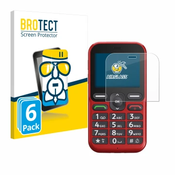 Parte frontal de un envase de producto con el logotipo de la marca BROTECT. Al lado se muestra el dispositivo Doro Leva L10 co