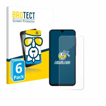 Parte frontal de un envase de producto con el logotipo de la marca BROTECT. Al lado se muestra el dispositivo Samsung Galaxy A