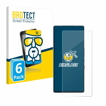 Parte frontal de un envase de producto con el logotipo de la marca BROTECT. Al lado se muestra el dispositivo ZTE Nubia Red Ma