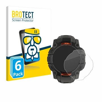 Parte frontal de un envase de producto con el logotipo de la marca BROTECT. Al lado se muestra el dispositivo Garmin Instinct 