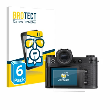 Parte frontal de un envase de producto con el logotipo de la marca BROTECT. Al lado se muestra el dispositivo Leica SL3-S con 