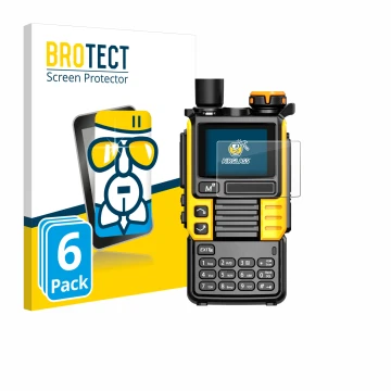 Parte frontal de un envase de producto con el logotipo de la marca BROTECT. Al lado se muestra el dispositivo Quansheng UV-K5 