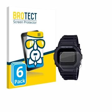 Parte frontal de un envase de producto con el logotipo de la marca BROTECT. Al lado se muestra el dispositivo Casio G-Shock DW