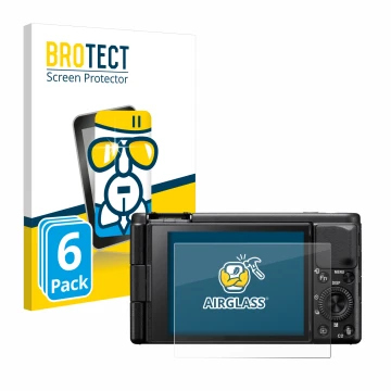 Parte frontal de un envase de producto con el logotipo de la marca BROTECT. Al lado se muestra el dispositivo Sony ZV-1A con s