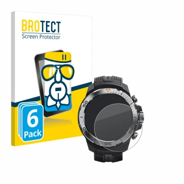 Parte frontal de un envase de producto con el logotipo de la marca BROTECT. Al lado se muestra el dispositivo Xiaomi Mibro GS 