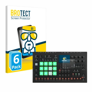 Parte frontal de un envase de producto con el logotipo de la marca BROTECT. Al lado se muestra el dispositivo Elektron Analog 