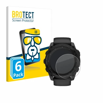 Parte frontal de un envase de producto con el logotipo de la marca BROTECT. Al lado se muestra el dispositivo Garmin Tactix 8 