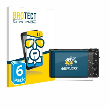 Parte frontal de un envase de producto con el logotipo de la marca BROTECT. Al lado se muestra el dispositivo Sony Cyber-Shot 