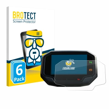 Parte frontal de un envase de producto con el logotipo de la marca BROTECT. Al lado se muestra el dispositivo Kawasaki Versys 