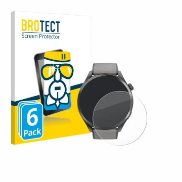 Parte frontal de un envase de producto con el logotipo de la marca BROTECT. Al lado se muestra el dispositivo Hama Smartwatch 