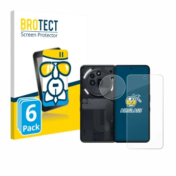 Parte frontal de un envase de producto con el logotipo de la marca BROTECT. Al lado se muestra el dispositivo Nothing Phone (3