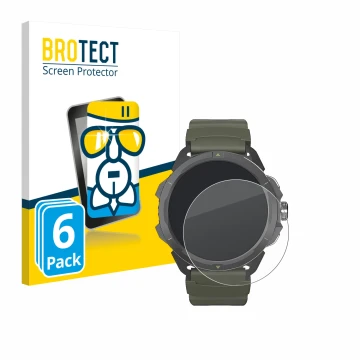 Parte frontal de un envase de producto con el logotipo de la marca BROTECT. Al lado se muestra el dispositivo Hammer Watch 2 M
