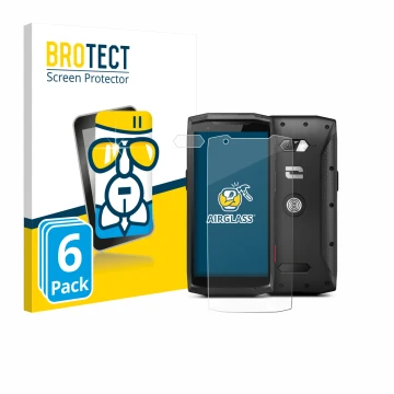 Parte frontal de un envase de producto con el logotipo de la marca BROTECT. Al lado se muestra el dispositivo Crosscall Core-M