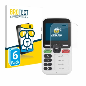 Parte frontal de un envase de producto con el logotipo de la marca BROTECT. Al lado se muestra el dispositivo Doro Leva X10 co