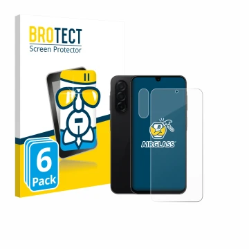 Parte frontal de un envase de producto con el logotipo de la marca BROTECT. Al lado se muestra el dispositivo Samsung Galaxy A