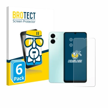 Parte frontal de un envase de producto con el logotipo de la marca BROTECT. Al lado se muestra el dispositivo Samsung Galaxy A