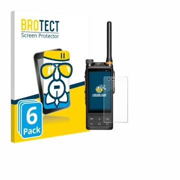 Parte frontal de un envase de producto con el logotipo de la marca BROTECT. Al lado se muestra el dispositivo Hytera PDC680 co