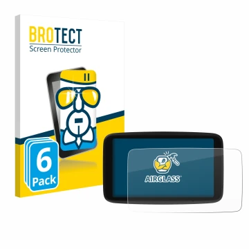 Parte frontal de un envase de producto con el logotipo de la marca BROTECT. Al lado se muestra el dispositivo TomTom Go Naviga