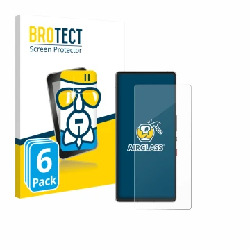 Parte frontal de un envase de producto con el logotipo de la marca BROTECT. Al lado se muestra el dispositivo ZTE Nubia Red Ma