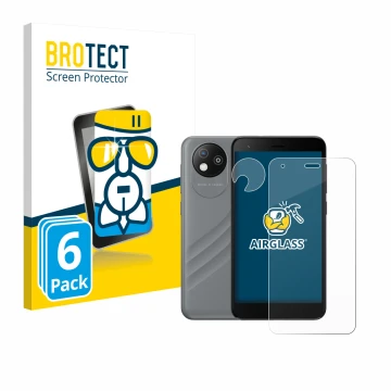 Parte frontal de un envase de producto con el logotipo de la marca BROTECT. Al lado se muestra el dispositivo ZTE Blade A35 li