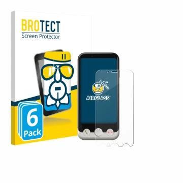 Parte frontal de un envase de producto con el logotipo de la marca BROTECT. Al lado se muestra el dispositivo Doro Aurora A10 