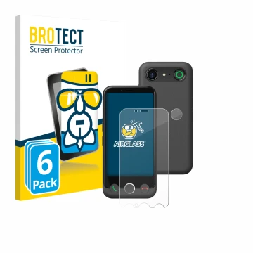 Parte frontal de un envase de producto con el logotipo de la marca BROTECT. Al lado se muestra el dispositivo Doro Aurora A10 