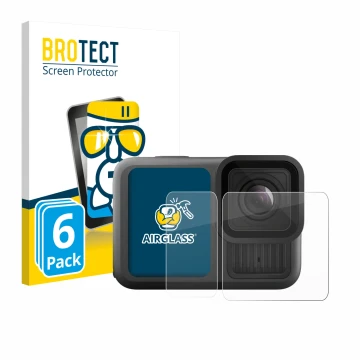 Parte frontal de un envase de producto con el logotipo de la marca BROTECT. Al lado se muestra el dispositivo GoPro Hero 13 Bl