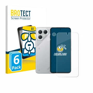 Parte frontal de un envase de producto con el logotipo de la marca BROTECT. Al lado se muestra el dispositivo Tecno Pova 7 Pro