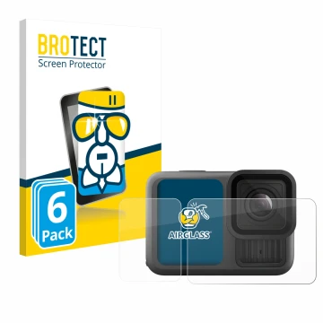 Parte frontal de un envase de producto con el logotipo de la marca BROTECT. Al lado se muestra el dispositivo GoPro Hero 13 Bl