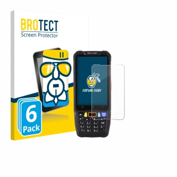 Parte frontal de un envase de producto con el logotipo de la marca BROTECT. Al lado se muestra el dispositivo Point Mobile PM6