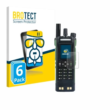 Parte frontal de un envase de producto con el logotipo de la marca BROTECT. Al lado se muestra el dispositivo Baofeng DM-32 co