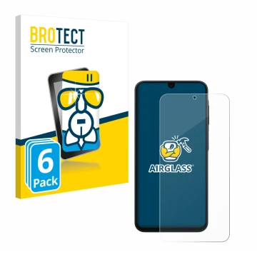Parte frontal de un envase de producto con el logotipo de la marca BROTECT. Al lado se muestra el dispositivo Samsung Galaxy A