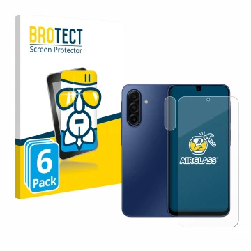 Parte frontal de un envase de producto con el logotipo de la marca BROTECT. Al lado se muestra el dispositivo Samsung Galaxy A